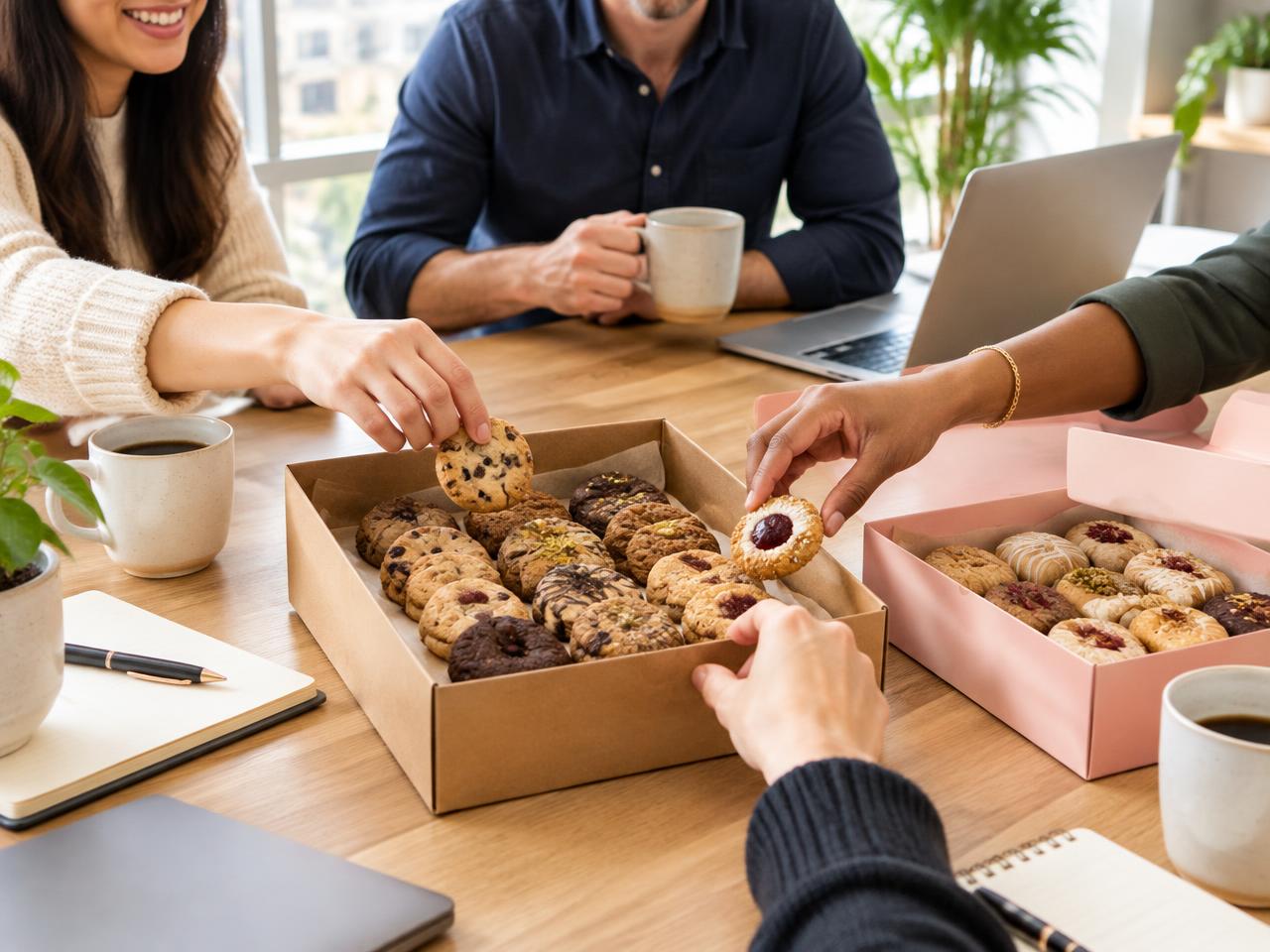 Collègues partageant une boîte de cookies artisanaux en réunion