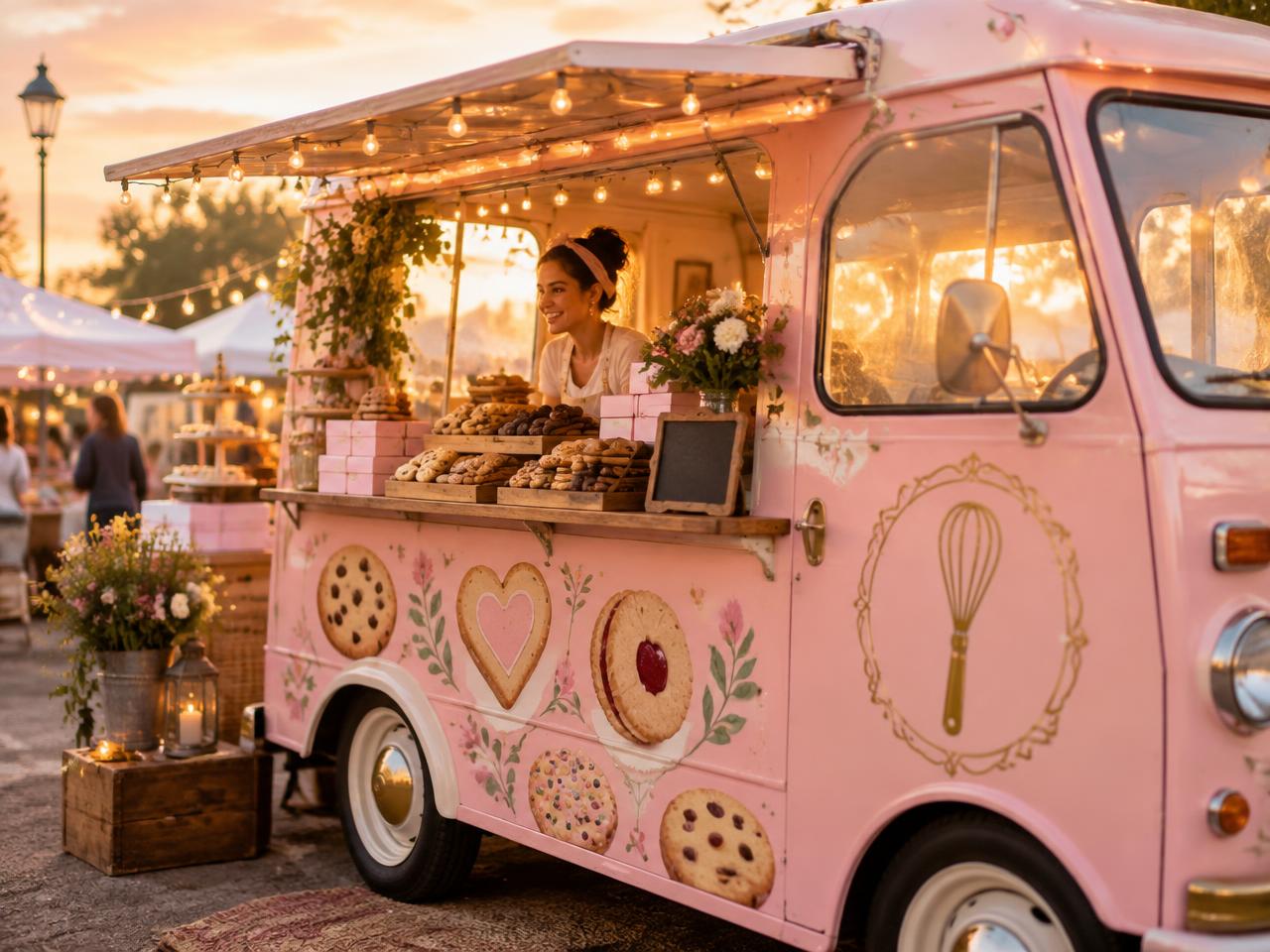 Illustration d'un food truck rose garni de cookies, projet de Maevy Cookies
