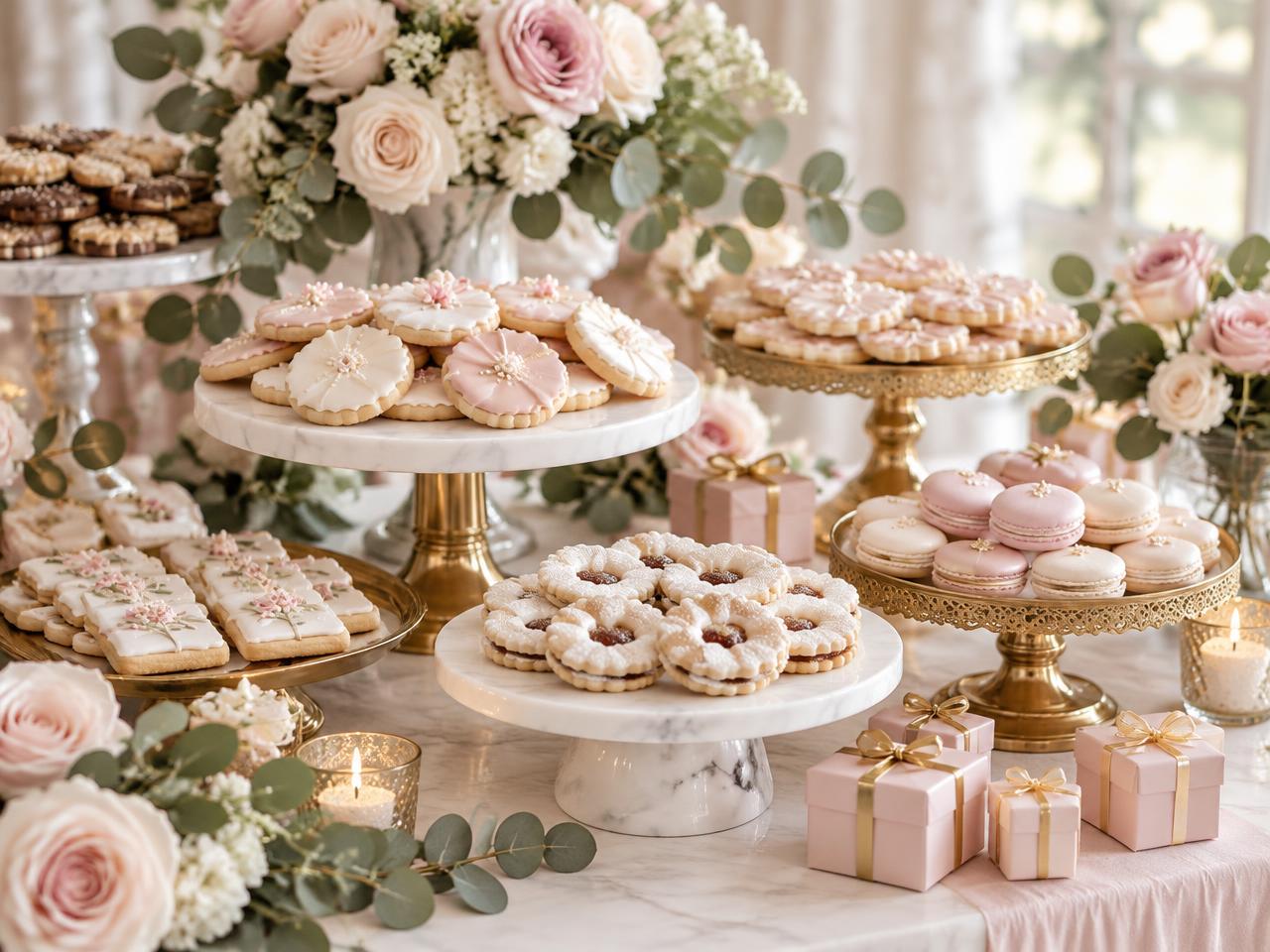 Sweet table de mariage avec cookies, roses et petits coffrets roses